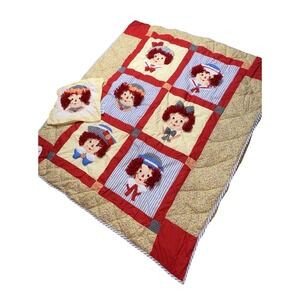 New Vtg  Raggedy Ann 3D Puff Quilt & Pillowcase Set - Red White Blue - Nursery